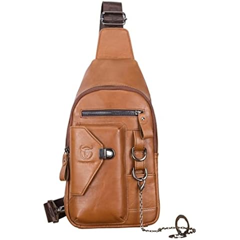 BULLCAPTAIN Genuine Leather Sling Bag for Men Crossbody with Cellphone Stand Chest Chain Shoulder Backpack Daypack XB-520 (Brown) Cover