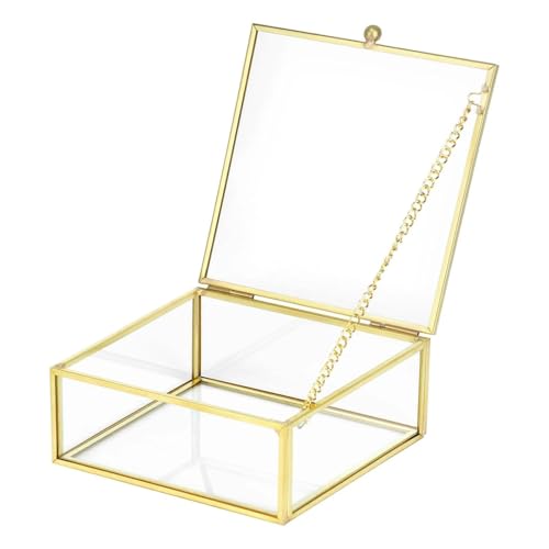 Vintage Schmuckschatulle aus Glas - Gold Rechteckiger Schmuck Organizer - Schmuckbox Elegante Schmuckkoffer mit Deckel - Dekorative Golden Display Box für Schmuck - Ringe Ohrringe (12x12x5cm)