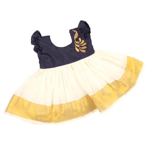 Image of Picksparrow Baby Girl Kerala Kasavu Cotton Dress (Peacock)