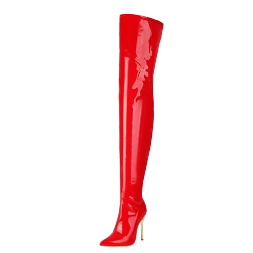 XINXINIO Botas de tacón alto de 11 cm de alto por encima de la rodilla, de piel lacada brillante, forro suave para fiestas, rojo, 35 EU