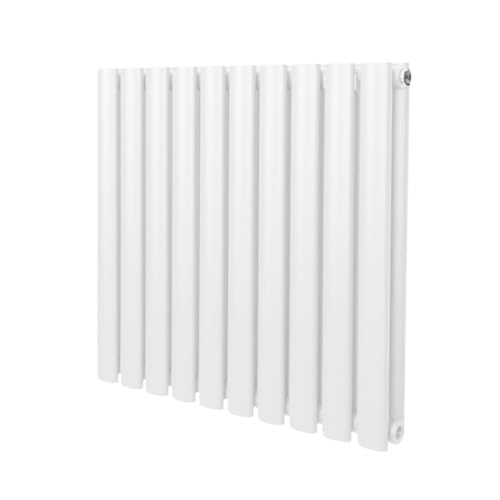 Radiatore a colonna ovale 600 mm x 600 mm Designer Doppio pannello Termosifone Bianco Acciaio Inclusi Spazzola per la pulizia Kit di fissaggio e staffe