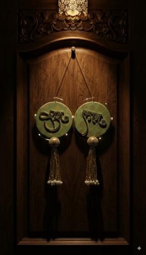 Image of Golden Shubh Labh Wall Hanging, Traditional Door Decor with Beads, 15 cm, Religious Home Decoration (Orange)
