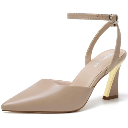 Image of RIBONGZ Comfortable Kitten Heels for Women Pointed Closed Toe Ankle Strap Buckle Heels Slip on Low Heel Church Pumps Wedding Bridal Party Dressy Shoes