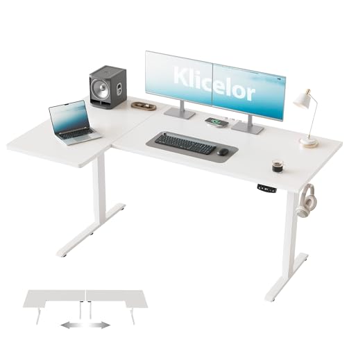 Image of Klicelor L Shaped Standing Desk, 55 Inch Electric Height Adjustable Desk with Memory Preset, Reversible Sit Stand Up Computer Workstation for Home Office, Splice Board, White