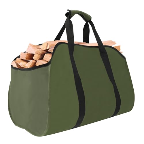 Bolsa de transporte para leña, Oxford con asas, 60 x 34 x 40 cm, resistente al agua y extragrande, soporte de madera resistente para chimenea de interior y camping al aire libre (verde)