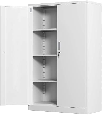 JINKUR Metal Storage Cabinet with Locking Doors and 3 Adjustable Shelves, 53.5-Inch Lockable Storage Cabinets for Home Office Garage Kitchen Pantry (White)