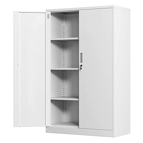 Image of JINKUR Metal Storage Cabinet with Locking Doors and 3 Adjustable Shelves, 53.5-Inch Lockable Storage Cabinets for Home Office Garage Kitchen Pantry (White)