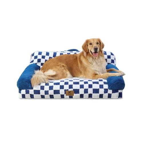 KSIIA Dog Bed Large Dog Beds with Supportive Armrests Waterproof Pet Couch Comfort Pet Sofa with Removable Machine Washable Cover & Anti-Slip Bottom,