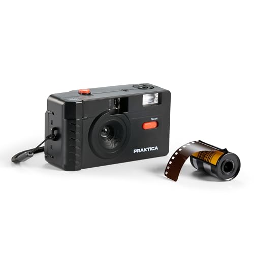 Cámara de película reutilizable Praktica negra con rollo de 36 exposiciones de 35 mm