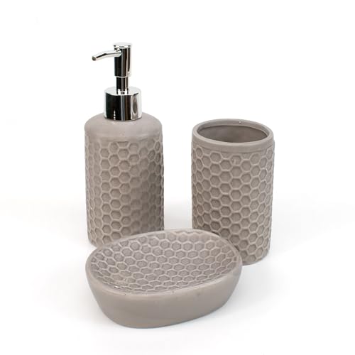 THE SECRET HOME - Set de Baño de 3 Piezas - Conjunto de Acessorios para Aseo de Diseño Moderno - Juego de Baño con Dispensador de Jabón, Vaso y Jabonera (Modelo 3 - Beige)