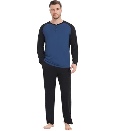 Image of NACHILA Mens Pajamas Set Viscose Made from Bamboo Henley Top Sleep Pants | Henley Top,Soft pants,Tagless Comfort,Moisture Wicking,Ultra silky, All season Loungewear Set, Jogger Sweatpant,Match set