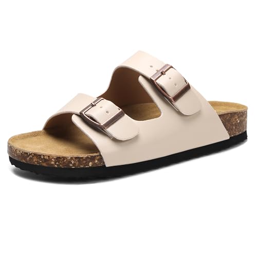 Image of Genuine Leather Cork Footbed Sandals with Arch Support Women Men's Flat Slip Slippers with Adjustable Double Buckle Beach Sandal Memory Foam Slides Open Toe Slipper for Summer Vacation