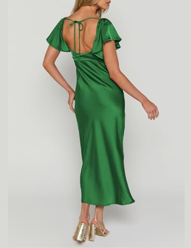 Image of Summer Satin Flutter Sleeve Wedding Guest Dresses for Women Sweetheart Neckline Cutout Tie Back Midi Cocktail Dress