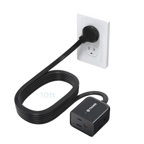 Image of TROND Flat Extension Cord 10ft - Left Angled Flat Plug Power Strip, 3 Grounded Plug Extension Outlets, Three Prong, SPT 16 /3 Gauge Power Cable, 13 Amps, Compact for Indoor Home Office Kitchen, Black