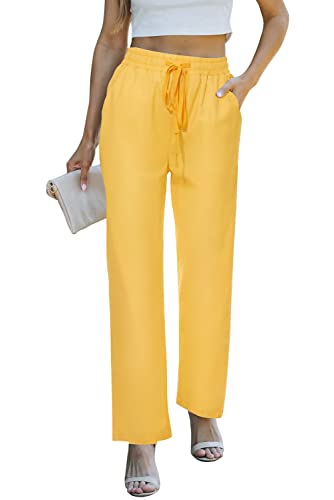 SESERAGI Fall Pants for Women 29' Inseam Business Casual Stretch Pull On Work Office Dressy Long Baggy Loose Solid Trousers with Pockets Mustard Yellow Size XL