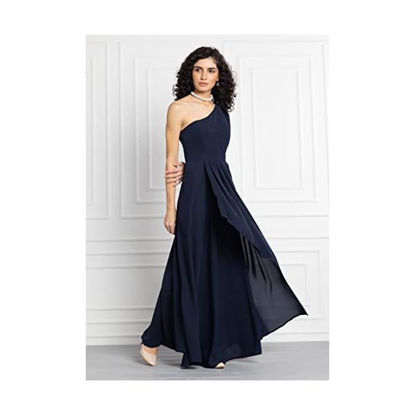 Rhysley Polyester Dark Blue Solid One Shoulder Draped Pleated Maxi Dress - Image 4