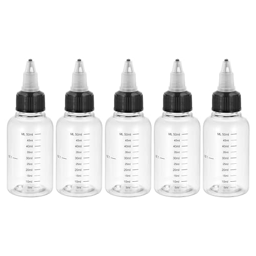 Image of PATIKIL 2oz(60ml) Plastic Dispensing Bottle, 5Pcs Squeeze Graduated Empty Bottles with Black Twist Cap for Liquids, Inks, Oils, Sauces, Arts and Crafts, Transparent