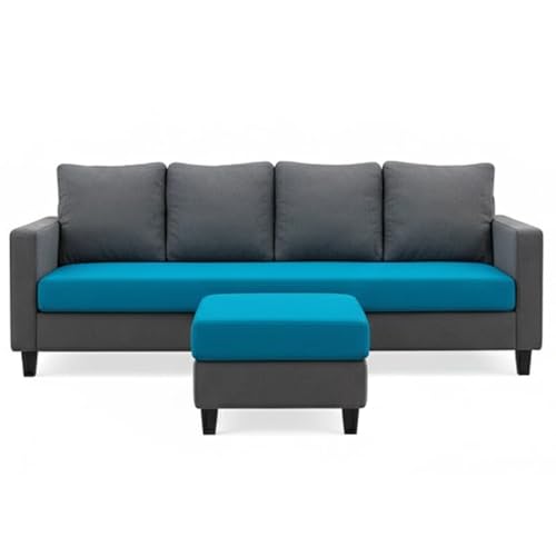 Image of Furny Auray 4 Seater Fabric Sofa Set with Ottoman (Aqua Blue-Dark Grey)