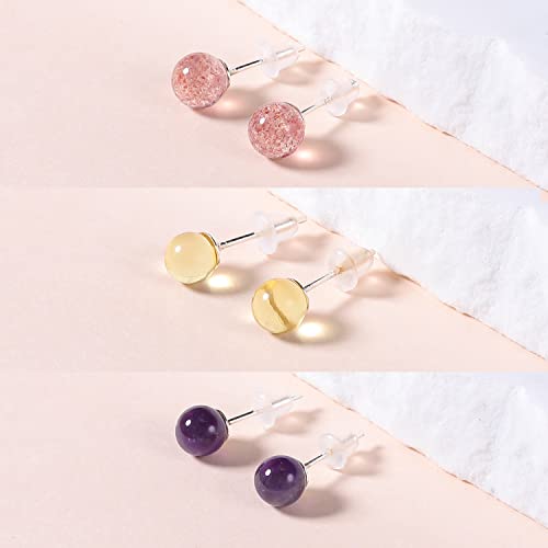 Aoedej 3 Pairs Natural Stone Earrings Sterling Silver Post Gemstone Ball Earrings Studs Purple Crystal Earrings For Women Girl (Style 1) #TOP1