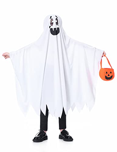 CMTOP Kinderkostüm Geisterumhang Halloween Kostüm Weiß Ghost Umhang mit Geistergesicht Gespenster Mantel mit Kappe und Kürbis Tasche für Karneval Fasching (WH) Cover