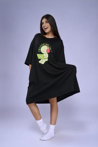 Image of LAMA STORE Women's Printed Oversized T-Shirt Dress, Cotton, 3 /4 Sleeve Length, Casual Loose Fit, Comfort Wear Extra Comfy Oversized Printed Pocket T-Shirt Dress