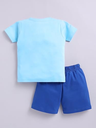 Image of LITTLE NINJA Pure Cotton Knee Length Half Sleeve Kitty Cat Printed Tee & Shorts Set - Sky 0-6M