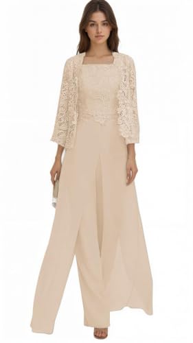3 Pieces Chiffon Mother of The Bride Pant Suits Dressy Jumpsuit with Jacket