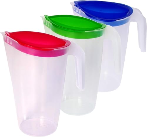 Home Line Carafe à jus 1,5 l – Lot de 3 (bleu, vert, rouge) – Verseuse à eau avec couvercle fixe – Verseuse avec bec verseur anti-goutte – Carafe à...