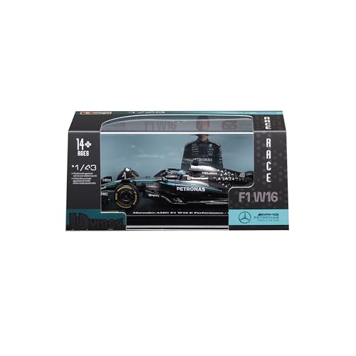 Bburago – Mercedes-AMG W16 2025#63 Russell, Diecast-Modellauto 1:43 mit Vitrine und Sockel, detaillierte F1-Mercedes-Replik, offiziell lizenziert, empfohlenes Alter 14+ Jahre