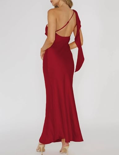 Image of 2026 Satin One Shoulder Maxi Dress for Women Summer Silk Formal Elegant Backless Ruffle Sleeveless Wedding Guest Dresses