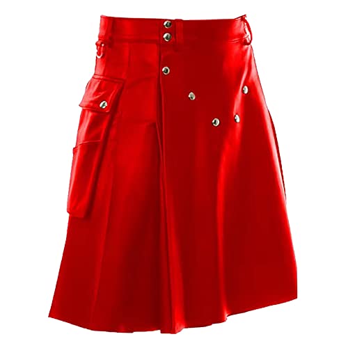 Kilt écossais en cuir synthétique pour homme - Style gothique punk - Jupe mi-longue - Style vintage médiéval traditionnel écossais - Kilt écossais à carreaux, rouge, 5XL