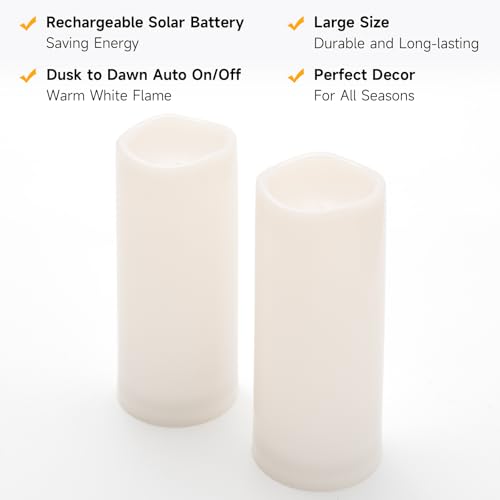 Image of NURADA Large Outdoor Solar Candles Waterproof - 10 inch x 4 inch Rechargeable Solar Powered Flameless LED Pillar Flickering Candle for Patio Porch Lanterns Decor - Ivory White