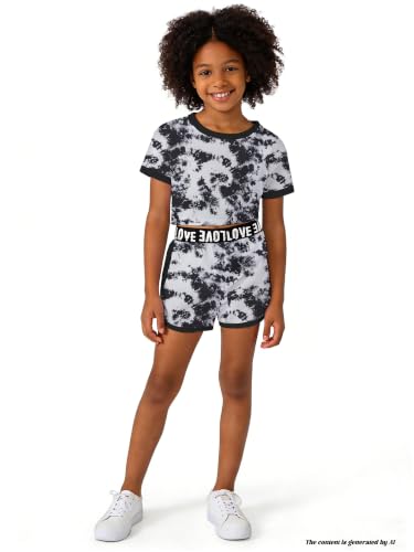 Image of Betusline Girls Summer 2 Piece Outfits,Kids Short Sleeve Crop Top & Shorts Set with Side Pockets