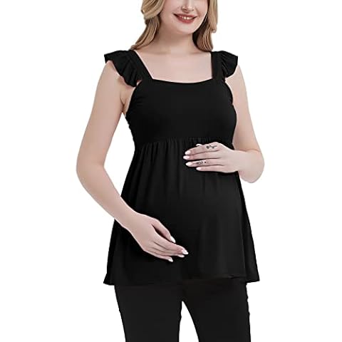 DEBELLY Women's Maternity Square Neck Tunic Tops Sleeveless Peplum Cami Pregnancy Ruffled Tank Top Lightweight Summer Pullover,Black,S Cover