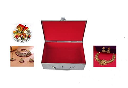 Image of Stainless Steel Storage Box, Cash Box, Pooja Peti, Organizer, Vanity Storage Box, Jewellery Safe Bank Locker, Cash Box With Handicrafts Digital Meena Kari Design (Red, 9 Inch)
