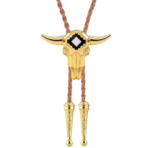 Image of GelConnie Longhorn Bull Bolo Tie for Men Native American Western Cowboy Leather Necktie Bolo Necklace for Women Gold Texas
