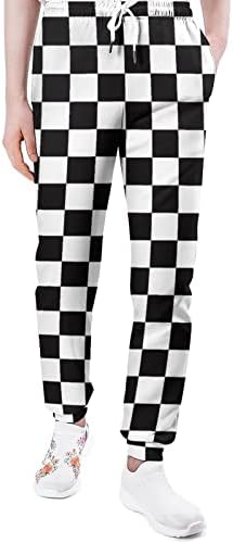 INRAINE Men's Sweatpants Novelty Checkered Checkerboard Plaid Grid Black and White Athletic Pants for Men Women, Comfy Casual Long Sport Pants with Pockets Drawstring Jogger Sweatpants 2XL