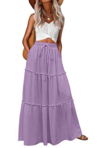 Image of Lepunuo Womens Casual Boho High Waisted Flowy Maxi Skirts Tiered Floral Long Skirts with Pockets for Summer Beach Vacation