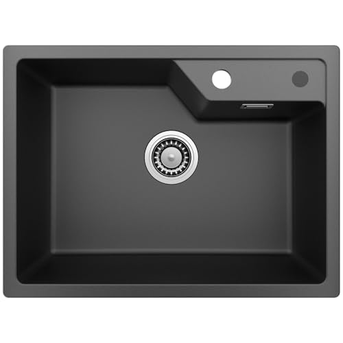 Sofetiy Fregadero Cocina 1 Seno 60x45 cm, Fregadero Negro de Granito, Fregaderos un Seno con Sifón Classic y Rebosadero, para a Partir de 60 cm Mueble Bajo