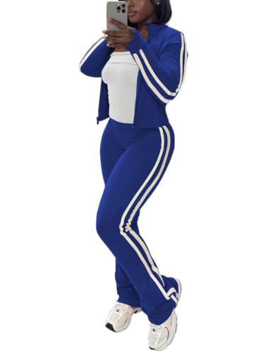 HBQ Women's 2 Piece Sweatsuit Sets Zip Up Crop Tops and Flare Pants Casual Striped Tracksuit Jogger Loungewear Set-Royal Blue-XL