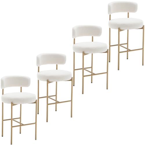 Image of Cinxzar Boucle Bar Stools Set of 4, White Counter Height Bar Stools with Backs, Gold Modern Barstools for Kitchen Island, Pub, Club