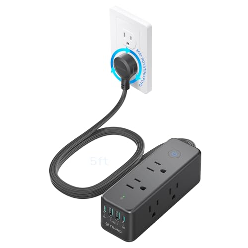 Image of TROND 360 Rotating Flat Plug Power Strip with USB-C PD20W, Black | Extension Cord 5ft with 6 Widely Spaced Outlets, 1440J Surge Protector, Wall-Mountable Power Strip for Home Office Dorm
