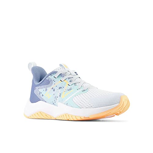 New Balance Tênis infantil Rave Run V2 com cadarço, Azul gelo/ciano brilhante/flare solar, 6 Wide Bi
