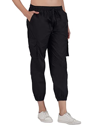 Image of fabcoast Multi-Pocket Cargo Cotton Poplin Jogger Pants for Women Summer Wear Full Elastic with Drawstring and 2 Side Pockets, 2 Back Pockets and 2 Leg Pockets