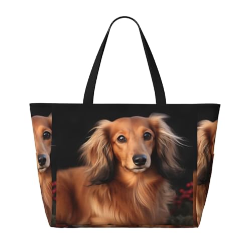 Beach Bags For Women Large Waterproof Sandproof Beach Tote Bag Lightweight Zipper Carry On Bag Long Haired Dachshund Pool Bag For Gym Travel Vocation2