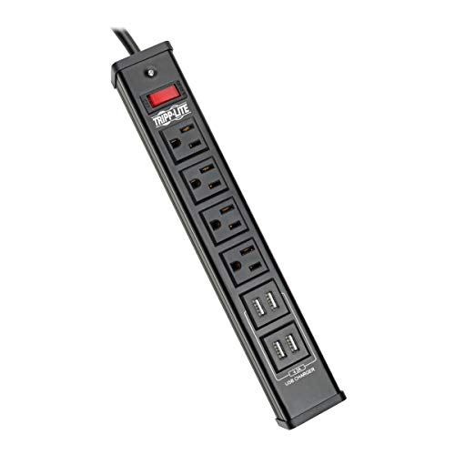 Tripp Lite 4 Outlet Surge Protector Power Strip, 6ft Cord, 450 Joules, 4 USB Charging Ports, Led, 10K Insurance (TLM446USBB), 14.25in. X 4.75in. X 2.00in Black