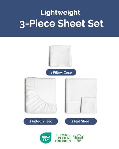 Image of Lightweight 3 Piece Bed Sheet Set Twin Size - Cooling Sheets for Hot Sleepers - Soft Breathable Bedding Set w / 8-16 Inch Deep Pockets - 1 Flat & 1 Fitted and 1 Pillowcase - Wrinkle Resistant - White