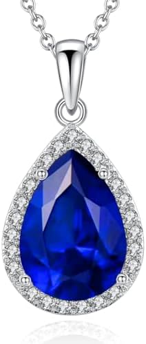 VONSSY Classic Oval Pendant Gemstone Necklace | Crystal Ruby Waterdrop Birthstone Teardrop Emerald Sapphire Necklace | 18K Platinum Plated Chain | Meaningful Silver Jewelry Gift for Mother Wife