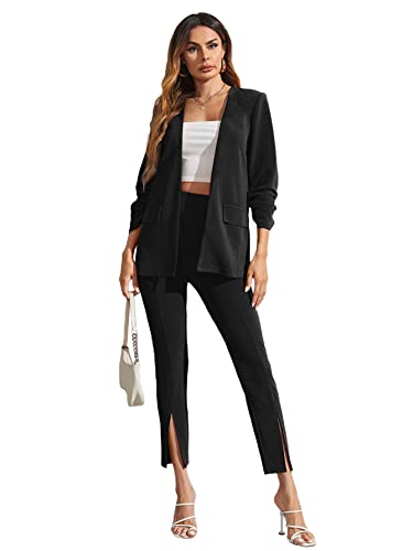 Shein Women's Two Piece Open Front Long Sleeve Blazer And Elastic Waist Solid Pant Set Suit Solid Black X-Small #TOP12