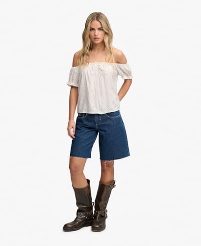 Superdry SS 1/2 Button Woven Top T-Shirt, Off White Mini Roses, 46 Women's